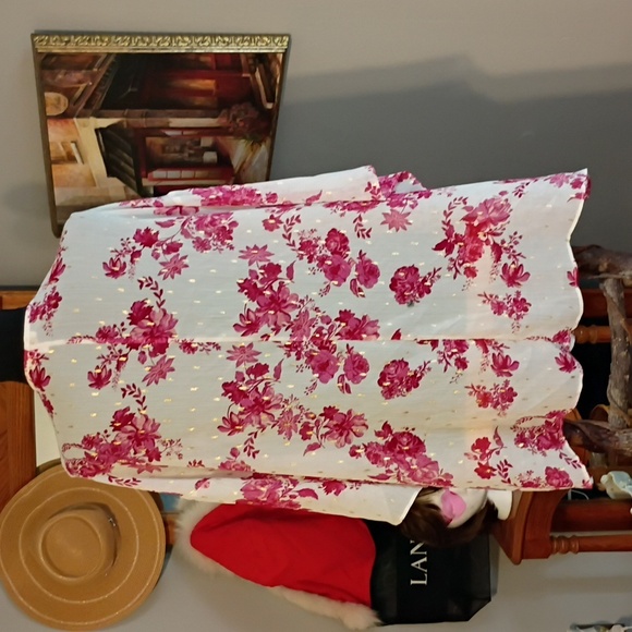 3/$25 White Floral Kimono Cardigan with Pink Blossoms & Gold Accents - Picture 3 of 9